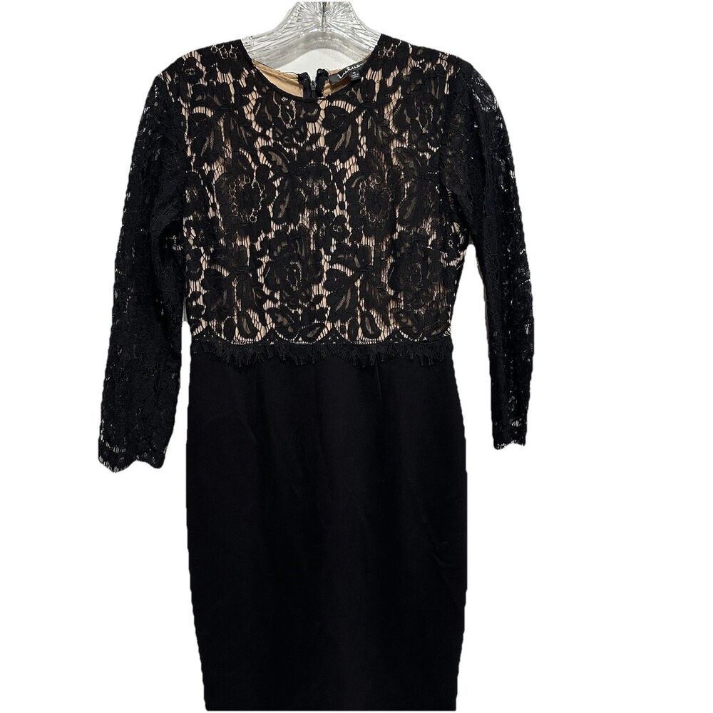 LULU’s She‎ Know’s black lace Bodycon  dress Small Lined Midi Sexy Semi Sheer